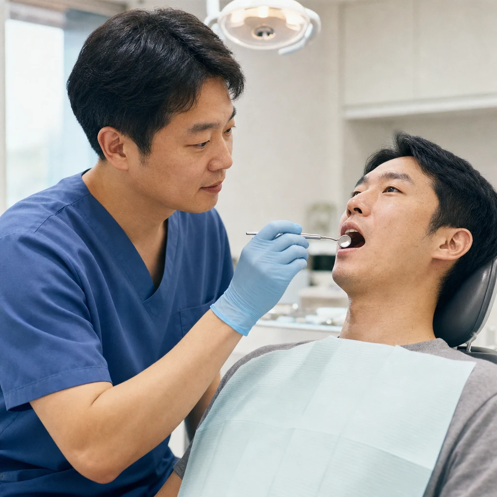 치과의사가 구강 거울로 환자 구강 상태를 시진하는 모습