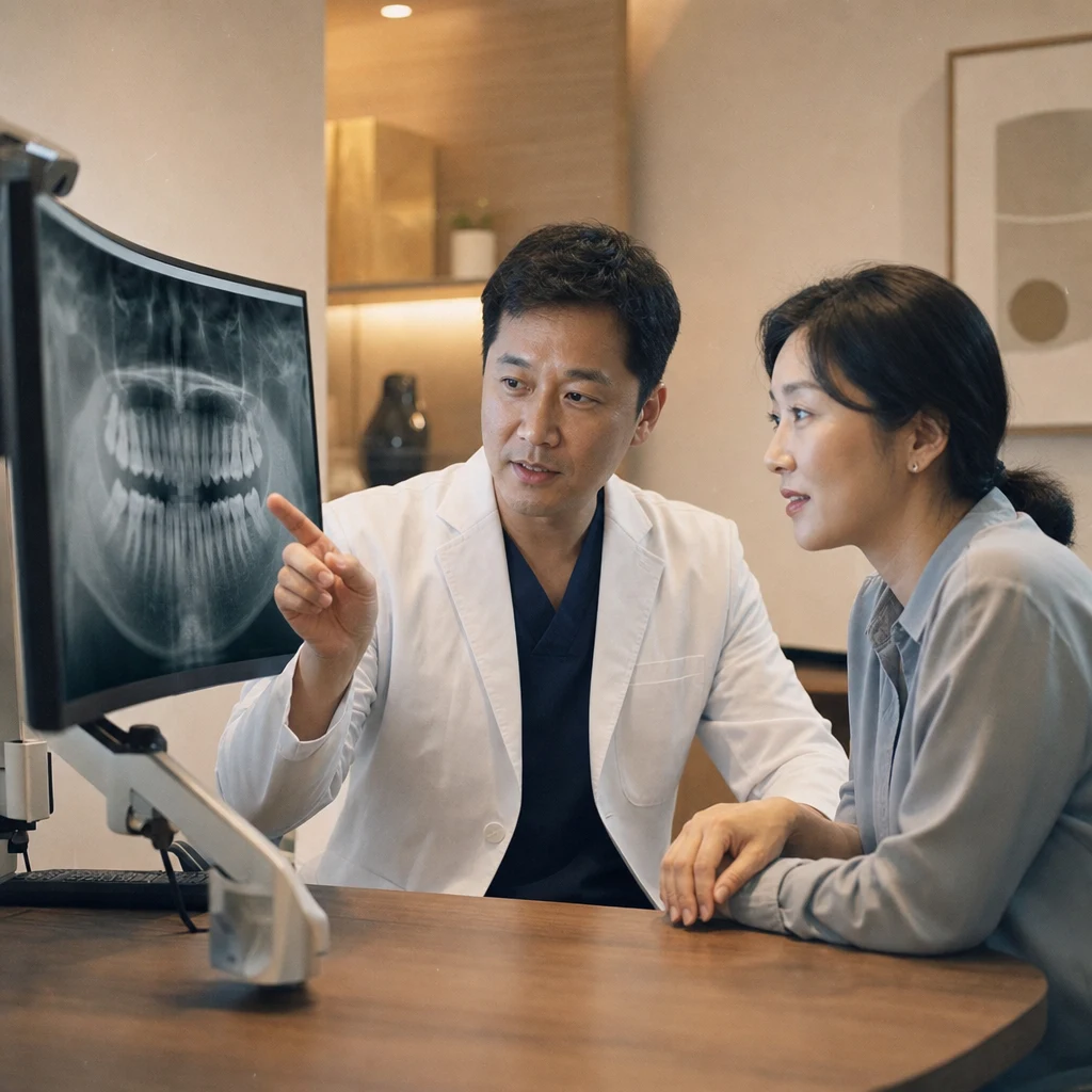 치과의사가 환자와 함께 파노라마 엑스레이 영상을 모니터로 확인하는 모습
