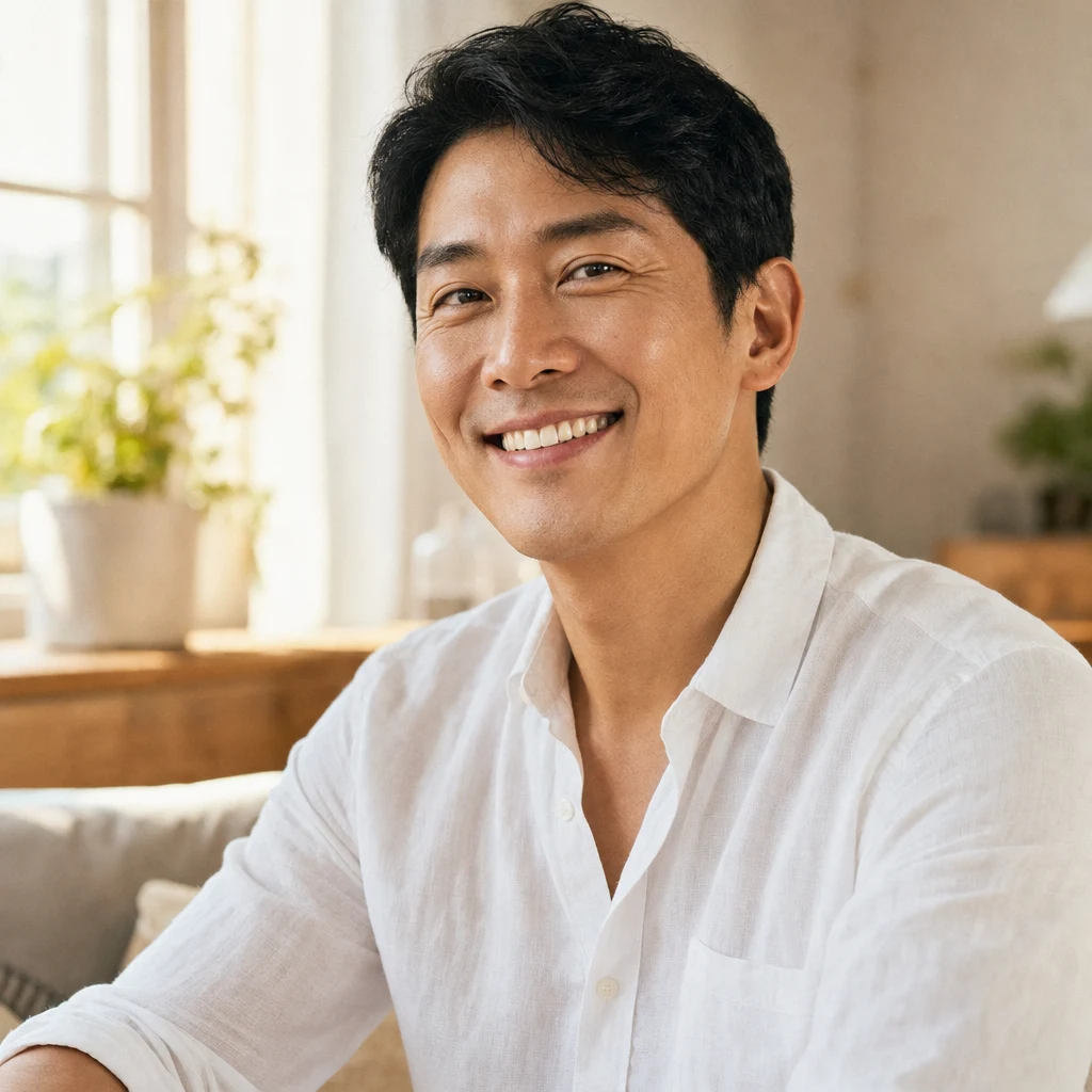 밝고 건강한 미소를 보이는 30대 남성