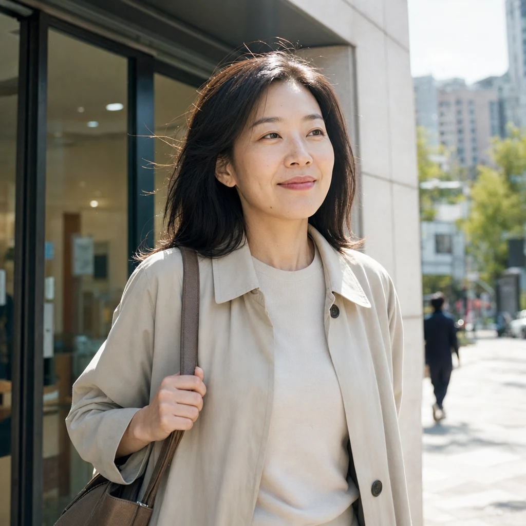 치과 방문을 마친 후 홀가분한 표정으로 건물을 나서는 30대 여성