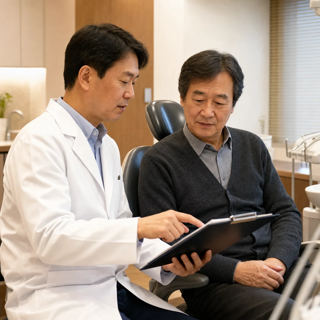 봉천역 인근 치과 진료실에서 임플란트 견적서를 두고 환자와 의료진이 항목을 하나씩 짚어 가며 설명하는 장면