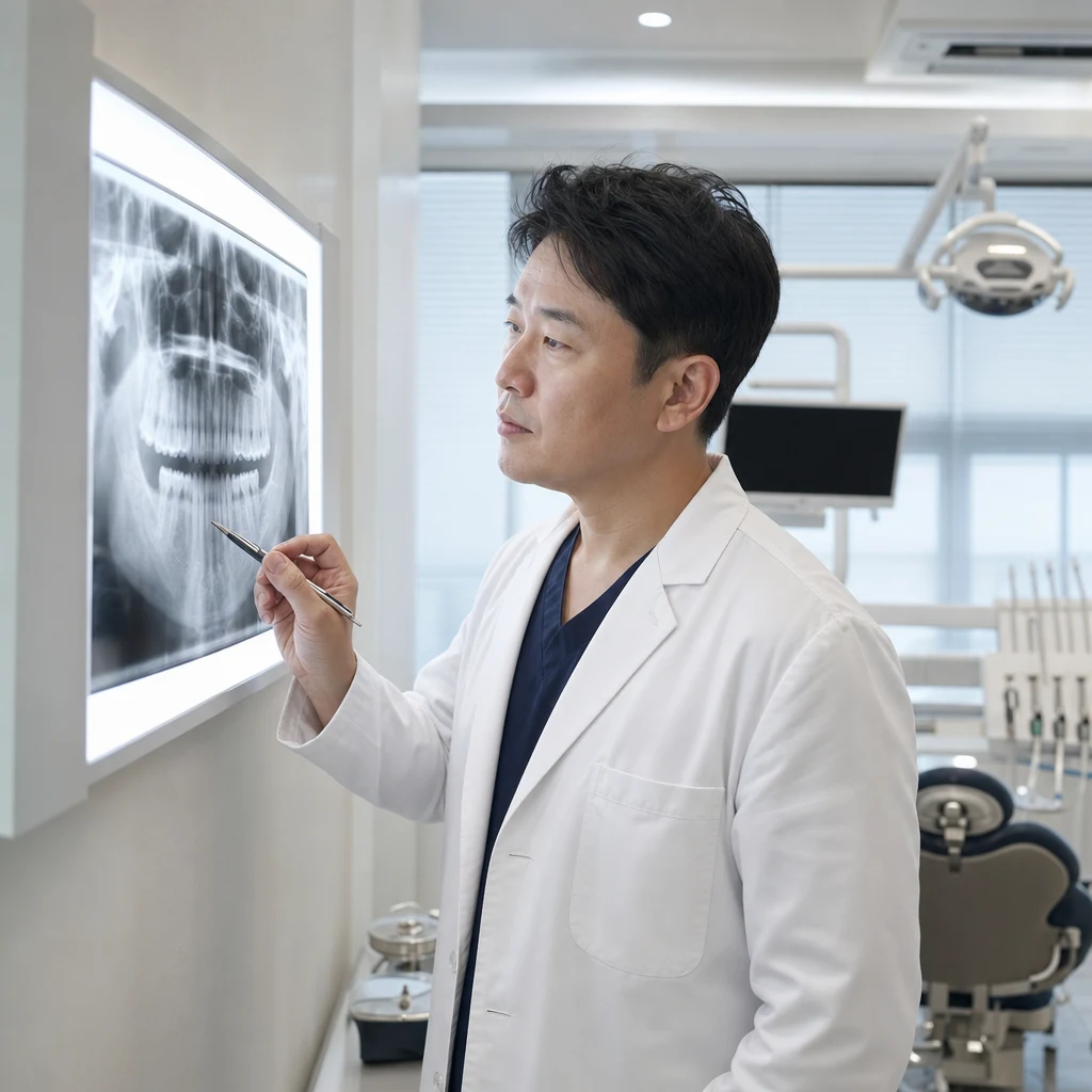 임플란트 치료의 단계별 흐름. 발치, 식립, 골유착 대기, 보철 장착까지의 타임라인을 도식으로 정리한 일러스트