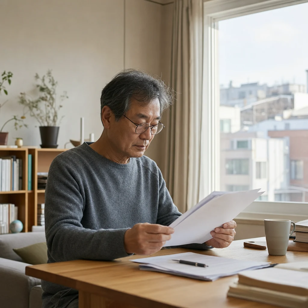 서울 주거지 아파트에서 밝은 창가에 앉아 임플란트 보험 서류를 읽는 60대 환자