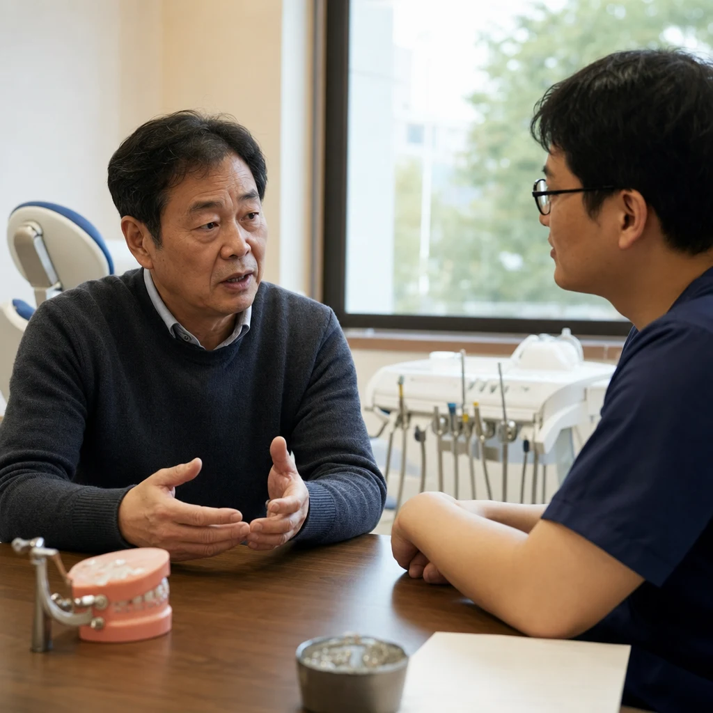 치과 상담실에서 흡연·당뇨 등 위험 인자에 대해 의사와 솔직하게 이야기하는 환자