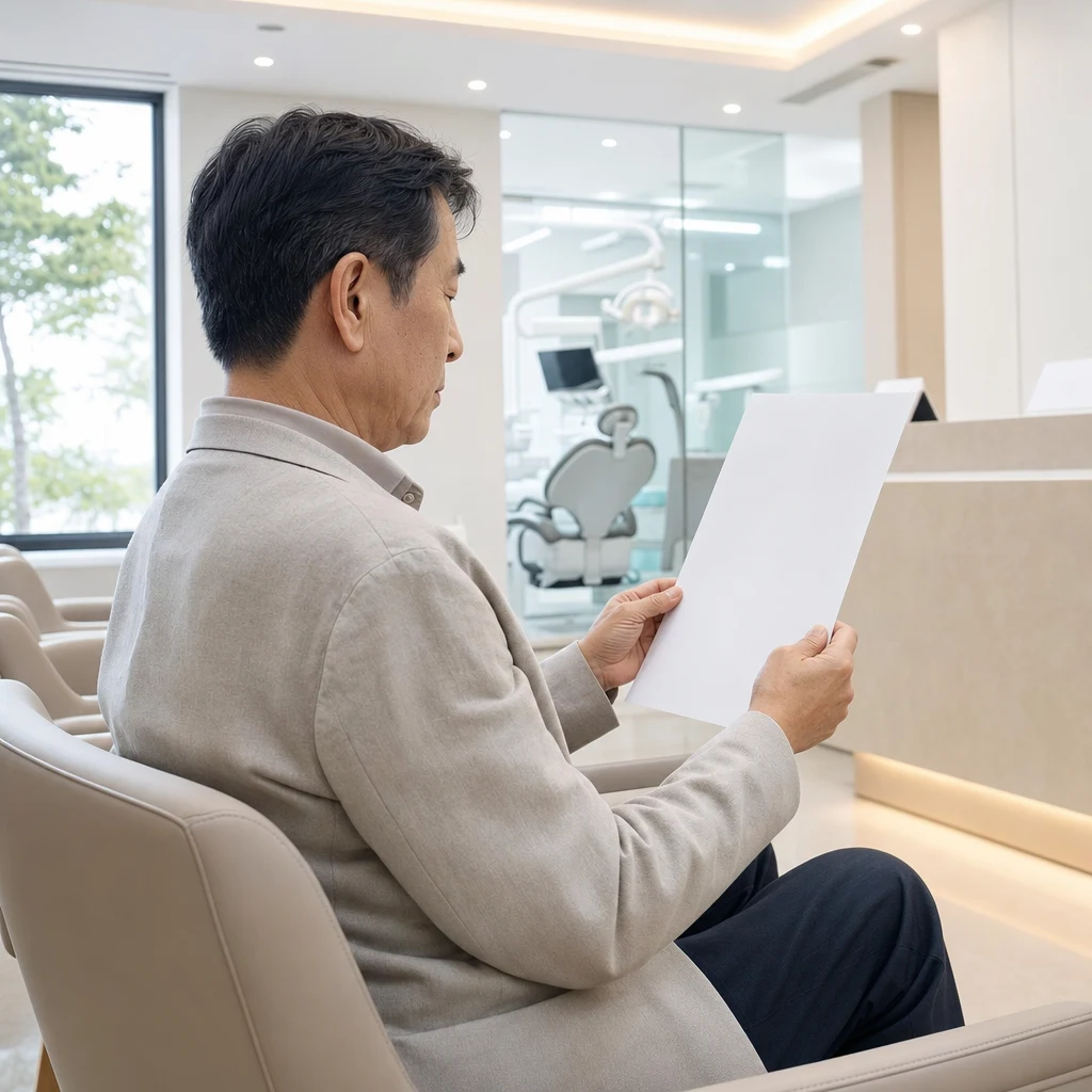 임플란트 견적서 비교 시 확인할 항목들. 픽스처 브랜드, 어버트먼트·크라운 포함 여부, CT·뼈이식 별도 청구 등을 정리한 체크리스트 일러스트