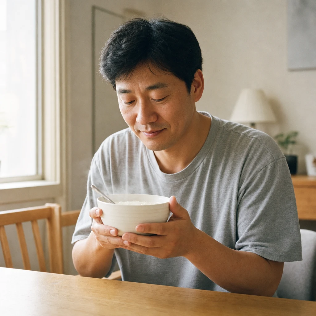 잇몸치료 후 죽 먹으며 회복 중인 남성