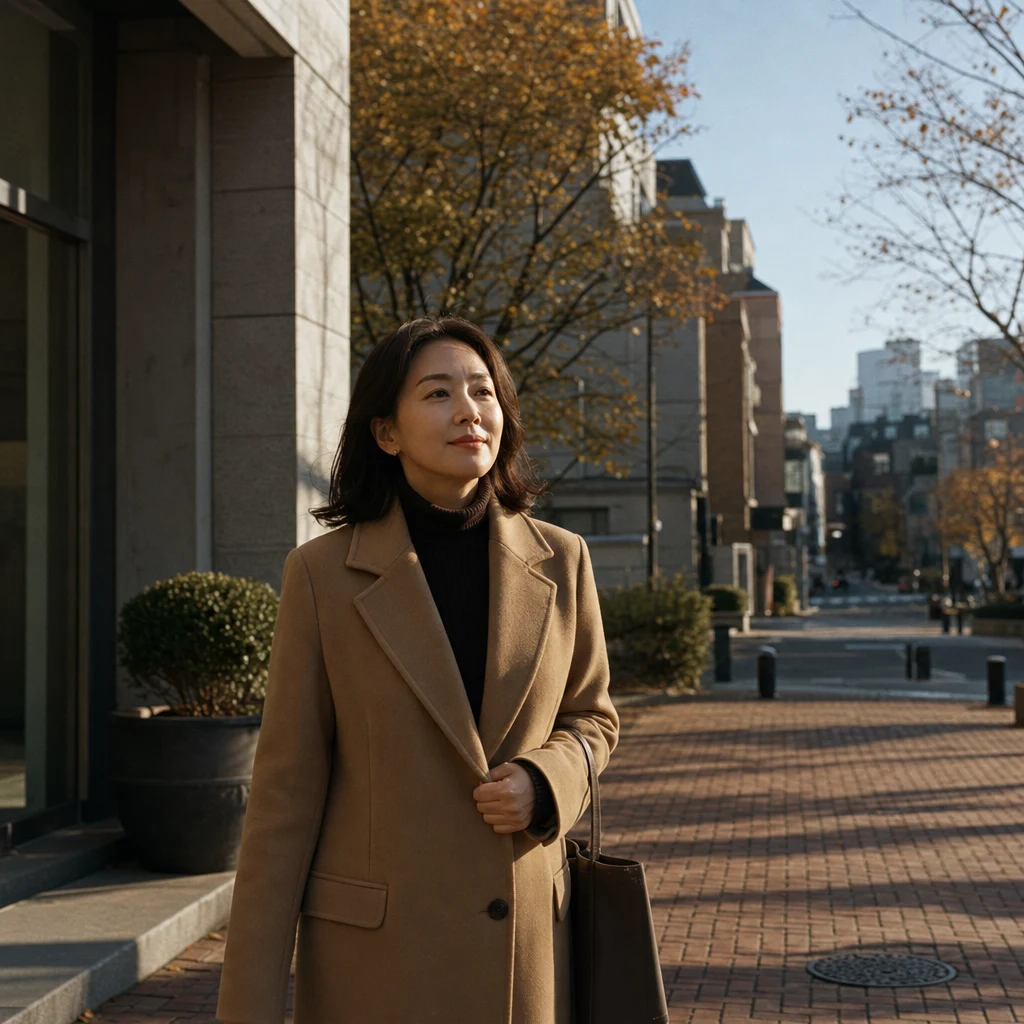 잇몸치료 후 가을 거리를 걷는 여성
