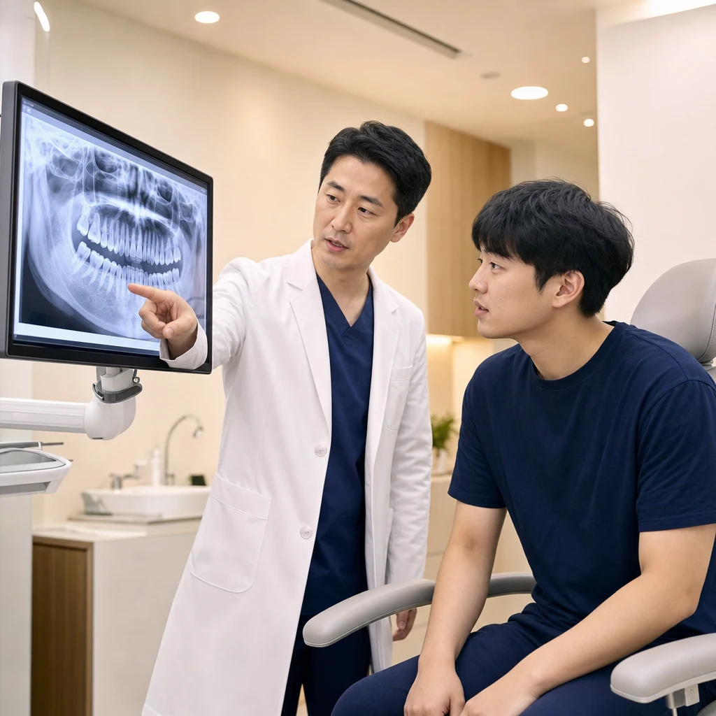 치과 의사가 파노라마 엑스레이로 매복 사랑니 위치 설명