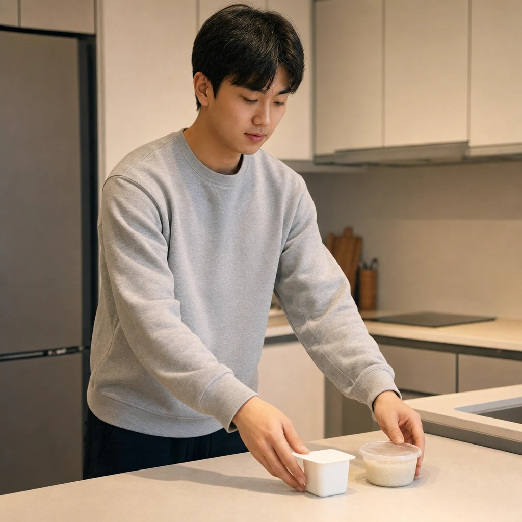 발치 후 부드러운 음식 준비하는 자취 청년