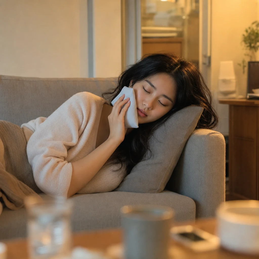 발치 후 냉찜질하며 쉬는 20대 여성
