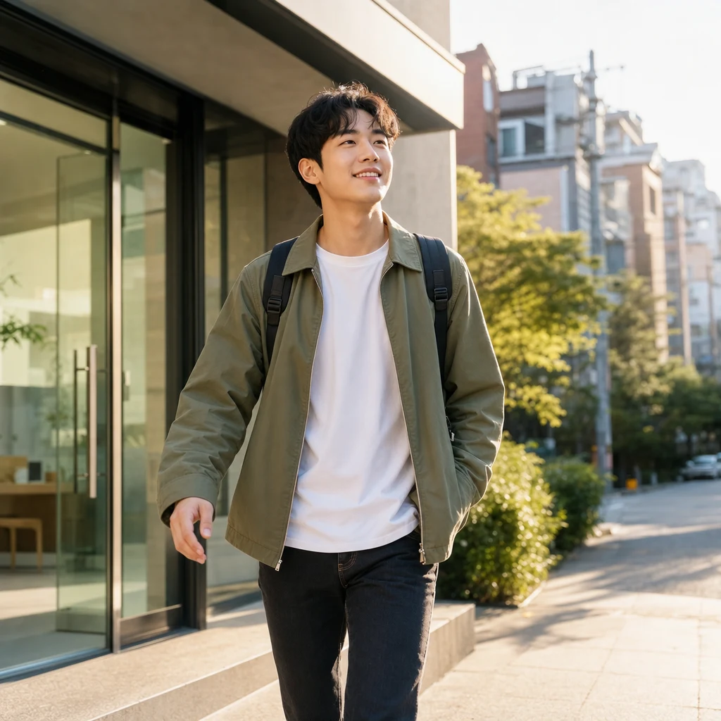 사랑니 발치 후 상쾌하게 치과 출구를 나서는 청년