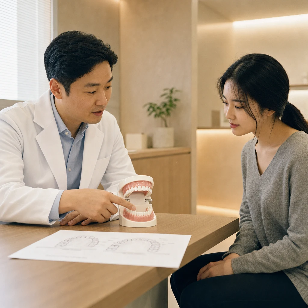 치과의사가 치아 모형으로 교정 상담