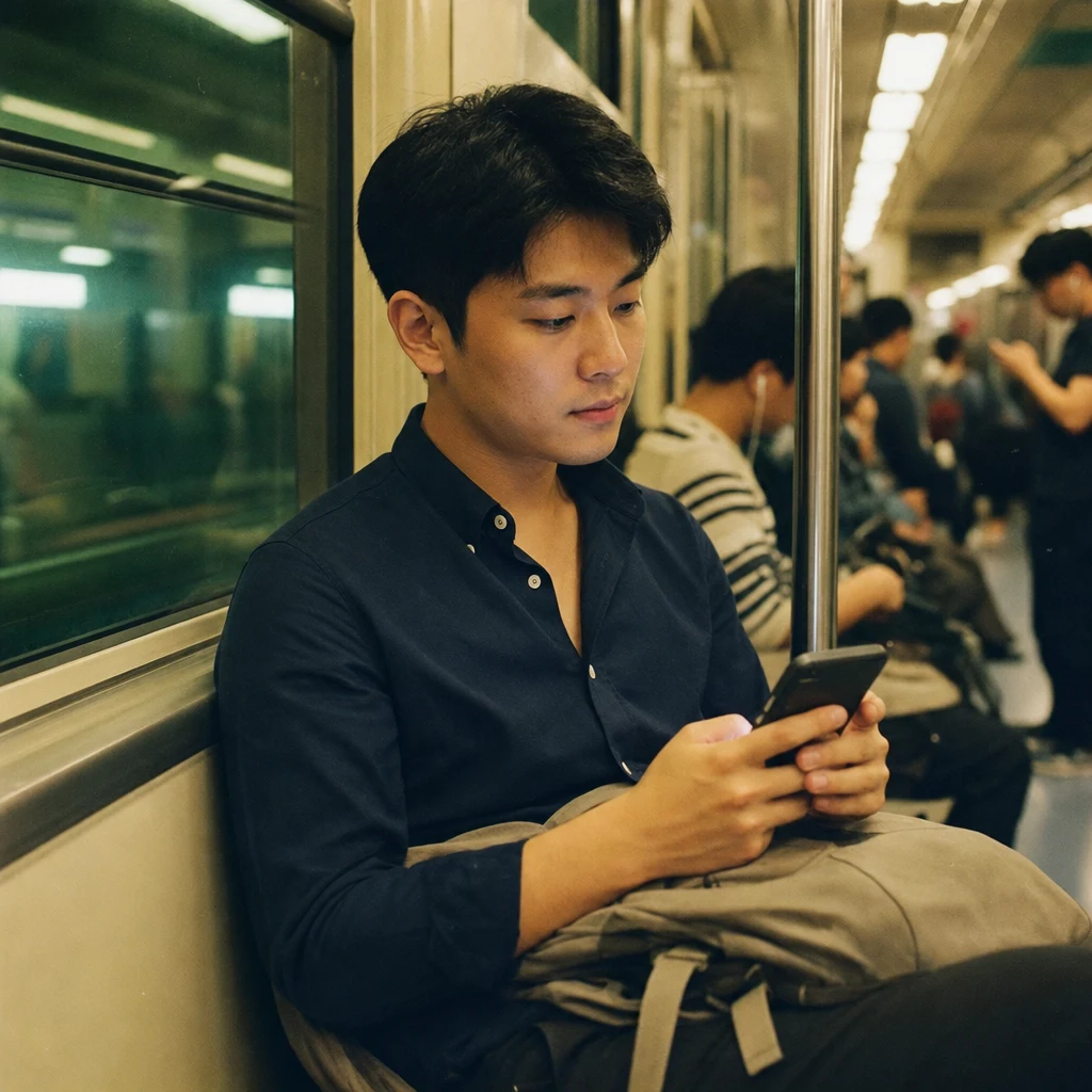지하철에서 일정 확인하는 청년