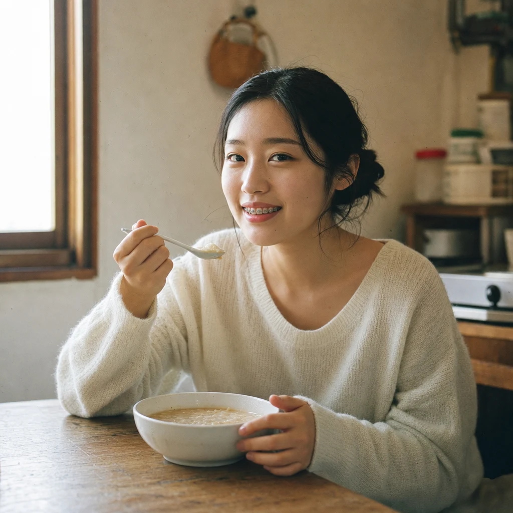 세라믹 교정 중 부드러운 음식 먹는 모습
